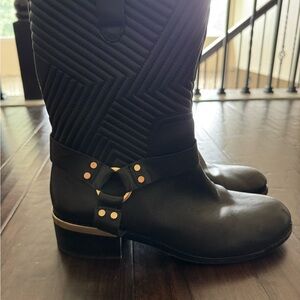 Vince Camuto Moto Black Heeled Boots with Stud Accents
